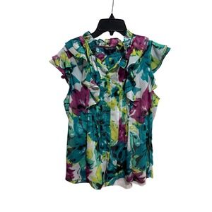 AK Anne Klein Women's Floral Ruffle Neck Sleeveless Blouse Top Size L
